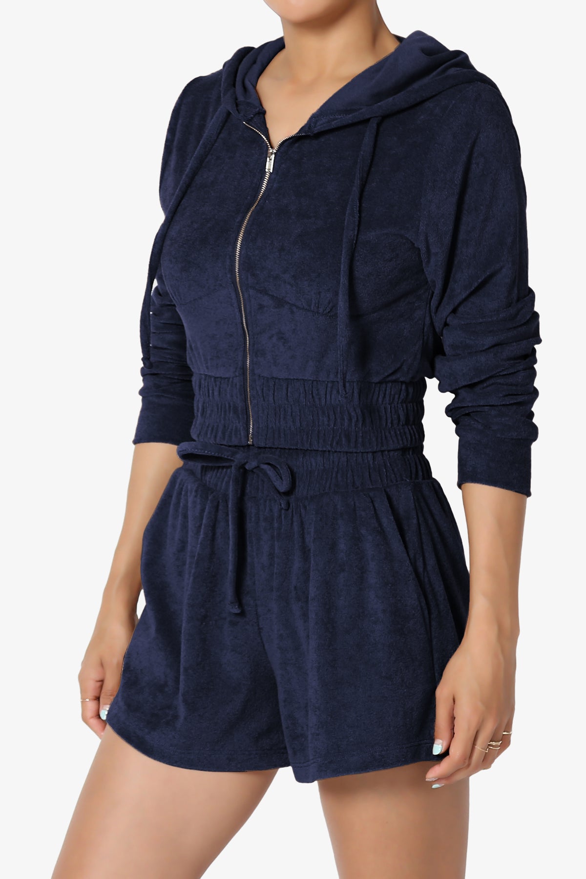 Cotton Terry Zip Up Crop Hoodie & Shorts SET NAVY_3