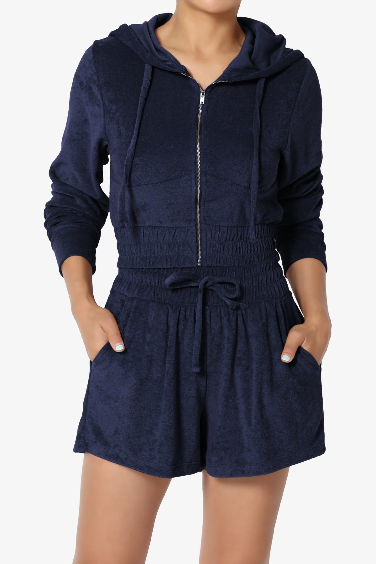 Cotton Terry Zip Up Crop Hoodie & Shorts SET NAVY_4