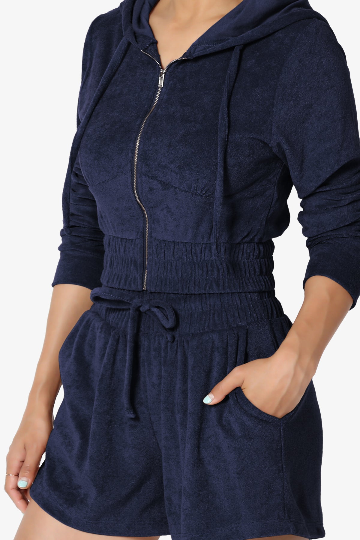 Cotton Terry Zip Up Crop Hoodie & Shorts SET NAVY_5