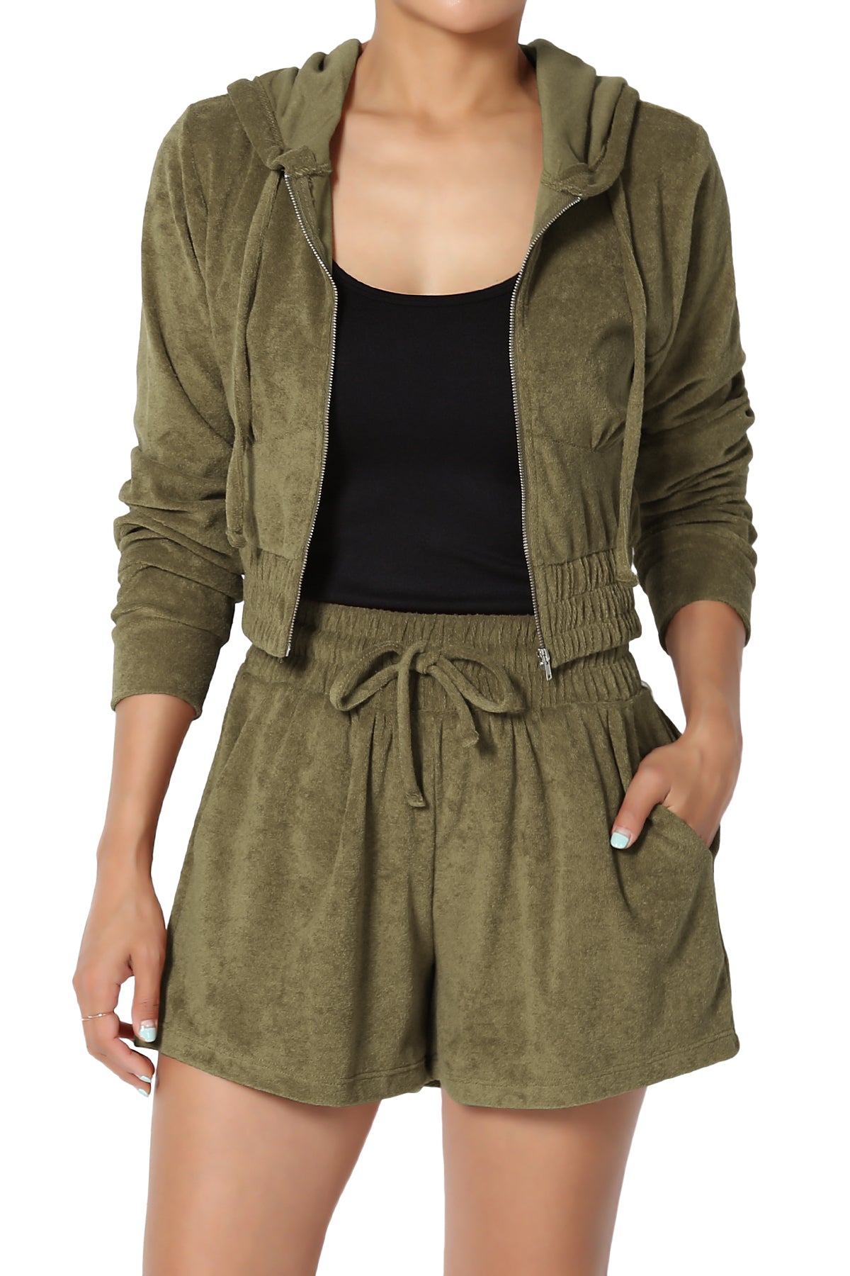 Cotton Terry Zip Up Crop Hoodie & Shorts SET OLIVE KHAKI_1