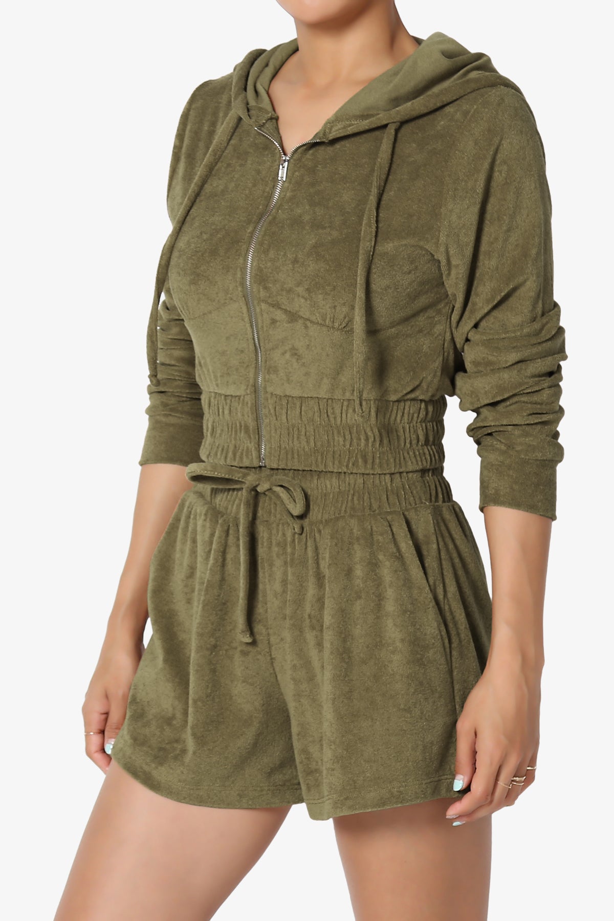 Cotton Terry Zip Up Crop Hoodie & Shorts SET OLIVE KHAKI_3