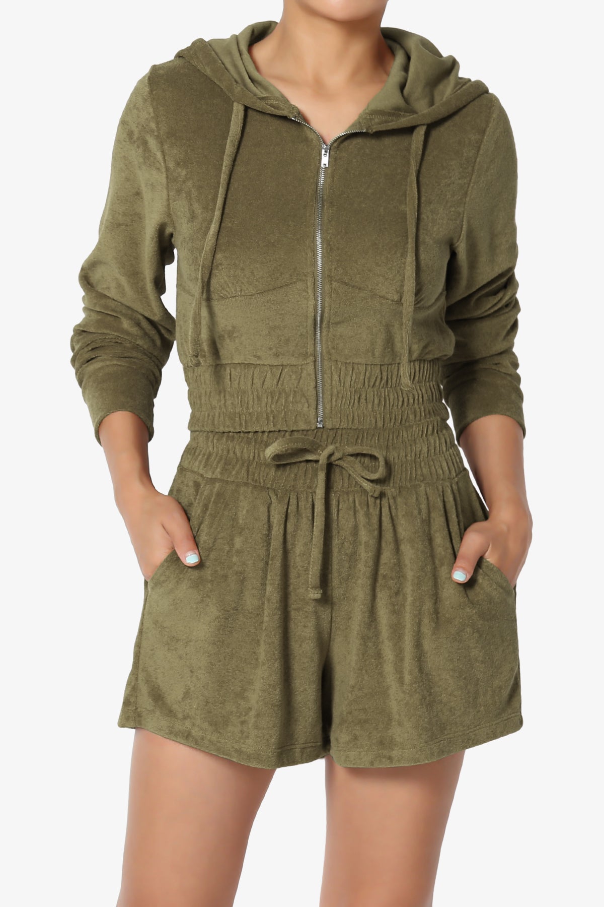 Cotton Terry Zip Up Crop Hoodie & Shorts SET OLIVE KHAKI_4