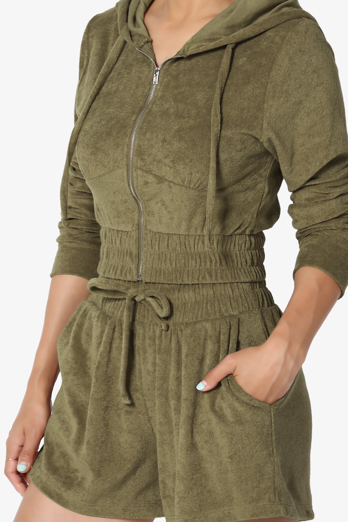 Cotton Terry Zip Up Crop Hoodie & Shorts SET OLIVE KHAKI_5