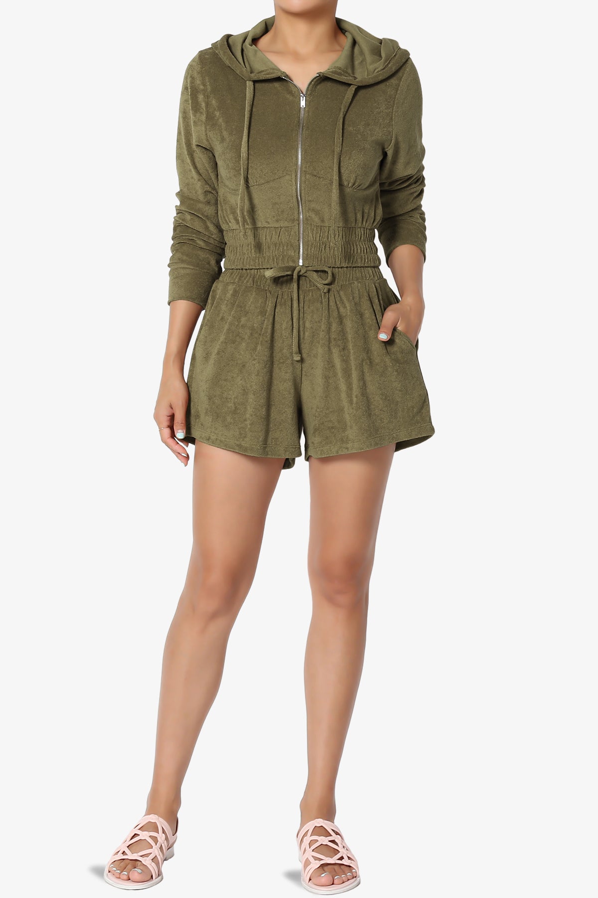 Cotton Terry Zip Up Crop Hoodie & Shorts SET OLIVE KHAKI_6