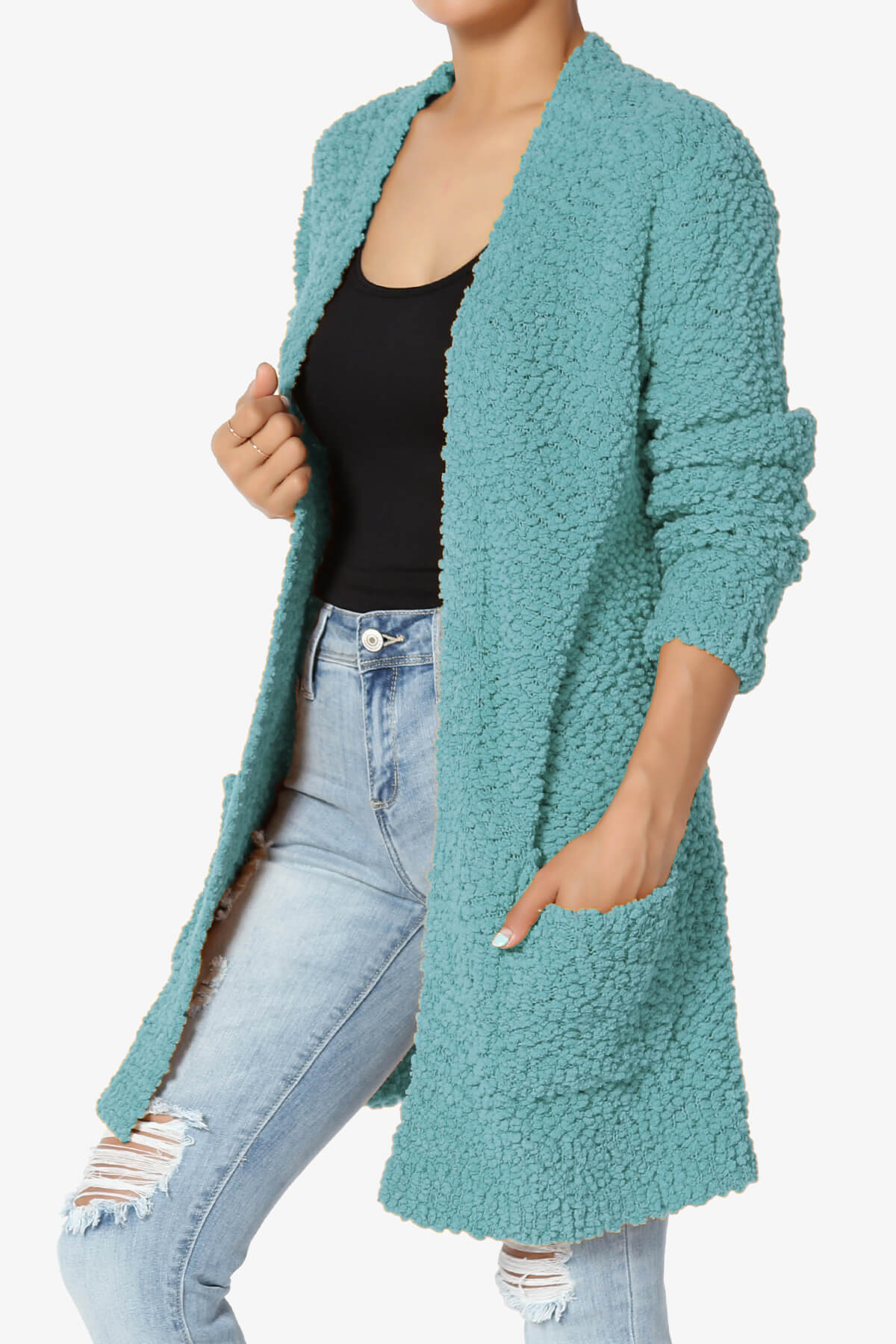 Barry Soft Popcorn Knit Sweater Cardigan DUSTY TEAL_3