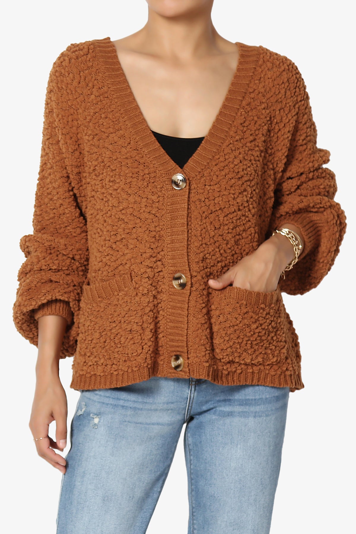 Barry Fuzzy Knit Button Boxy Crop Cardigan ALMOND_1