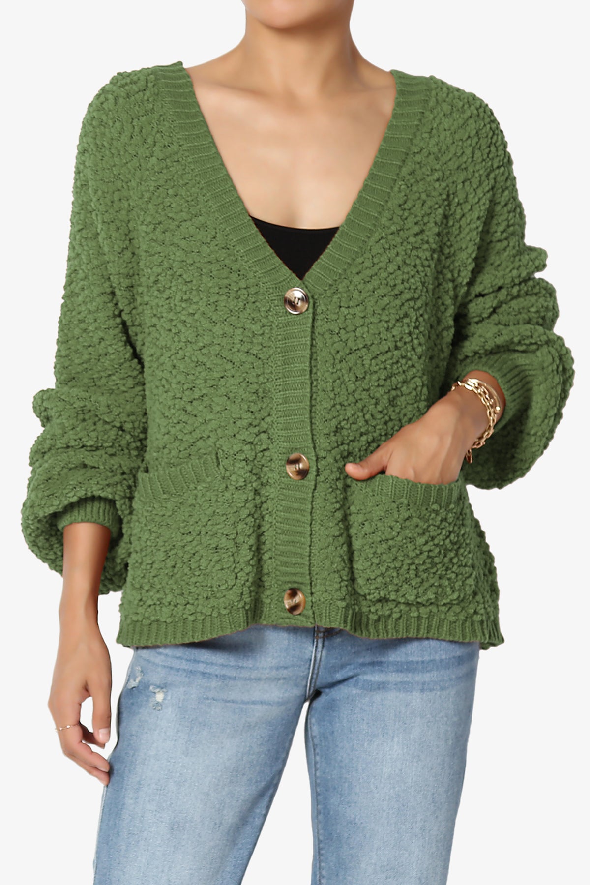 Barry Fuzzy Knit Button Boxy Crop Cardigan ASH OLIVE_1