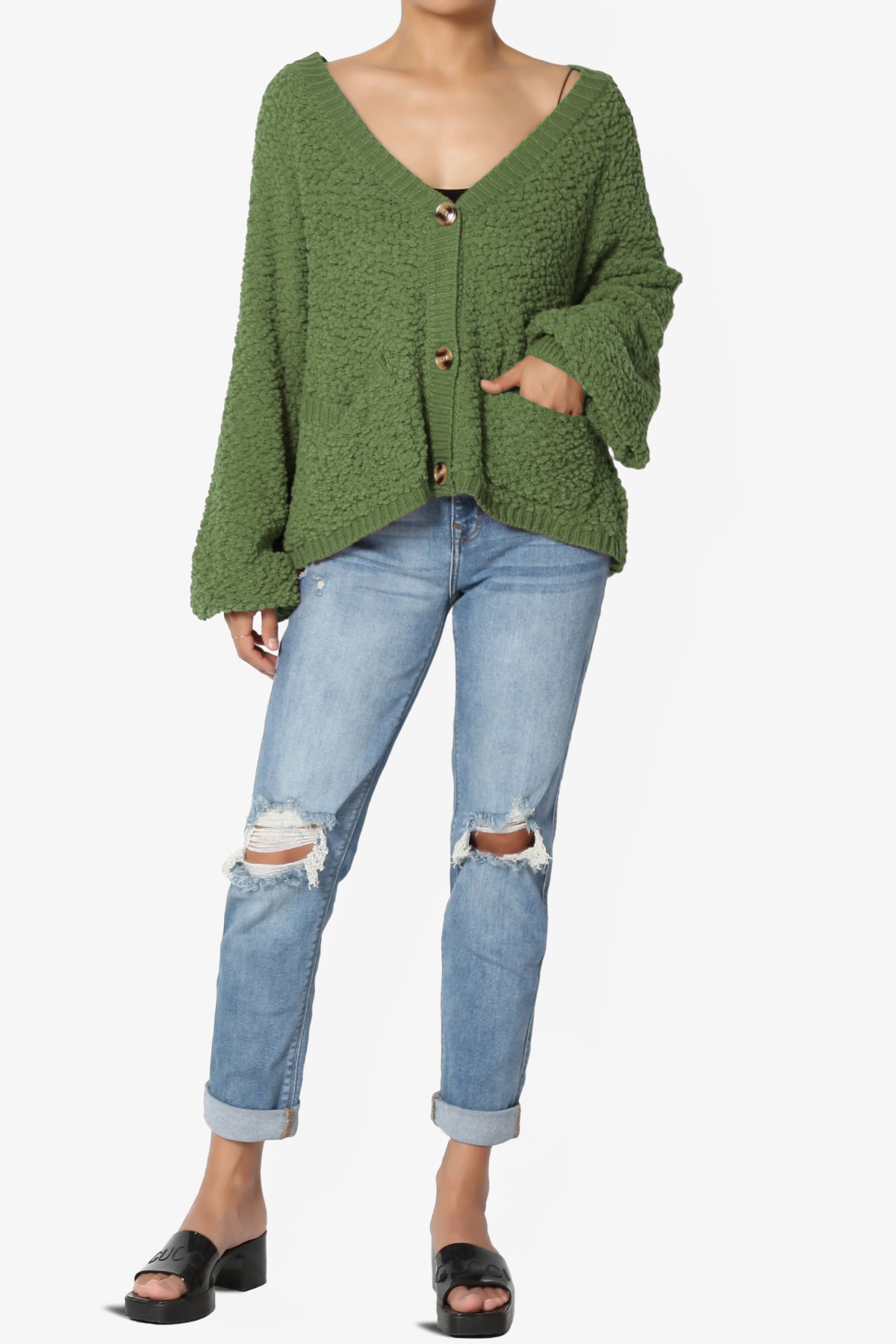 Barry Fuzzy Knit Button Boxy Crop Cardigan ASH OLIVE_6