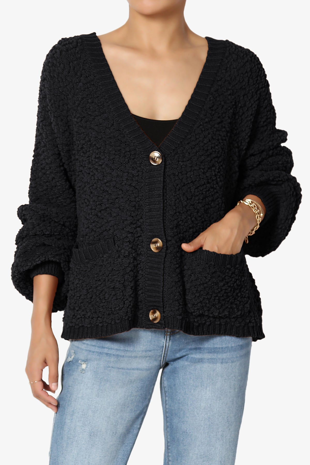 Barry Fuzzy Knit Button Boxy Crop Cardigan BLACK_1