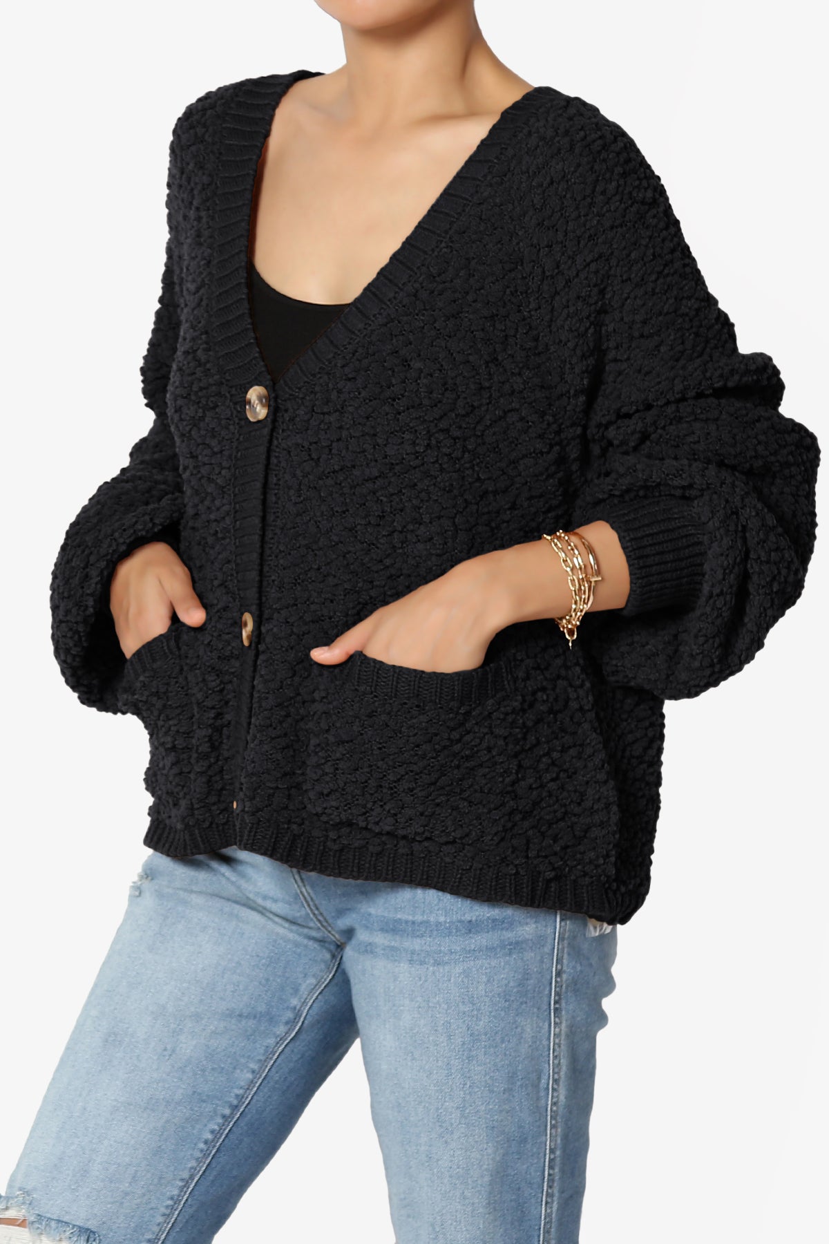 Barry Fuzzy Knit Button Boxy Crop Cardigan BLACK_3