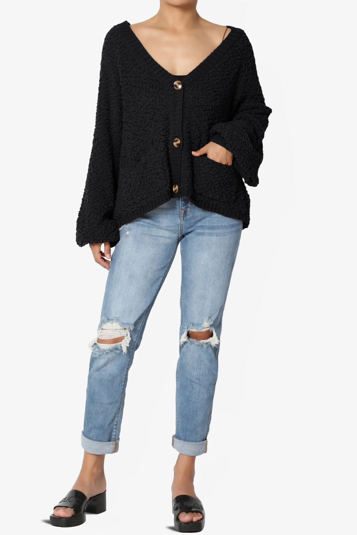 Barry Fuzzy Knit Button Boxy Crop Cardigan BLACK_6