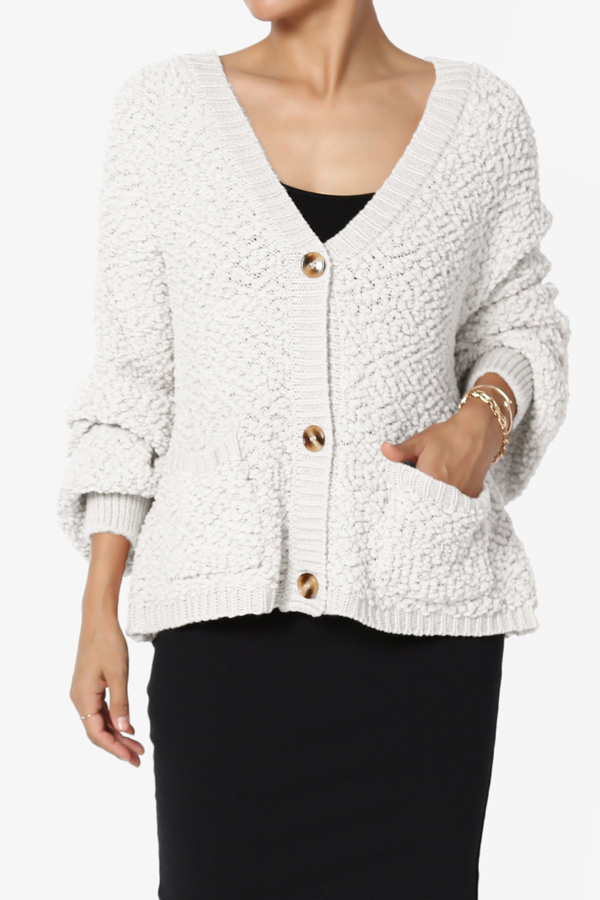 Barry Fuzzy Knit Button Boxy Crop Cardigan BONE_1
