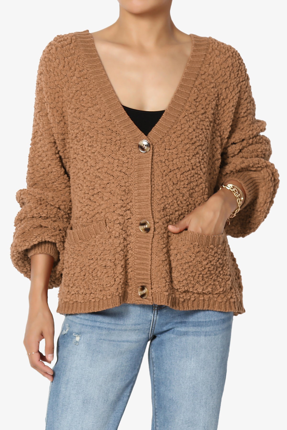 Barry Fuzzy Knit Button Boxy Crop Cardigan DEEP CAMEL_1