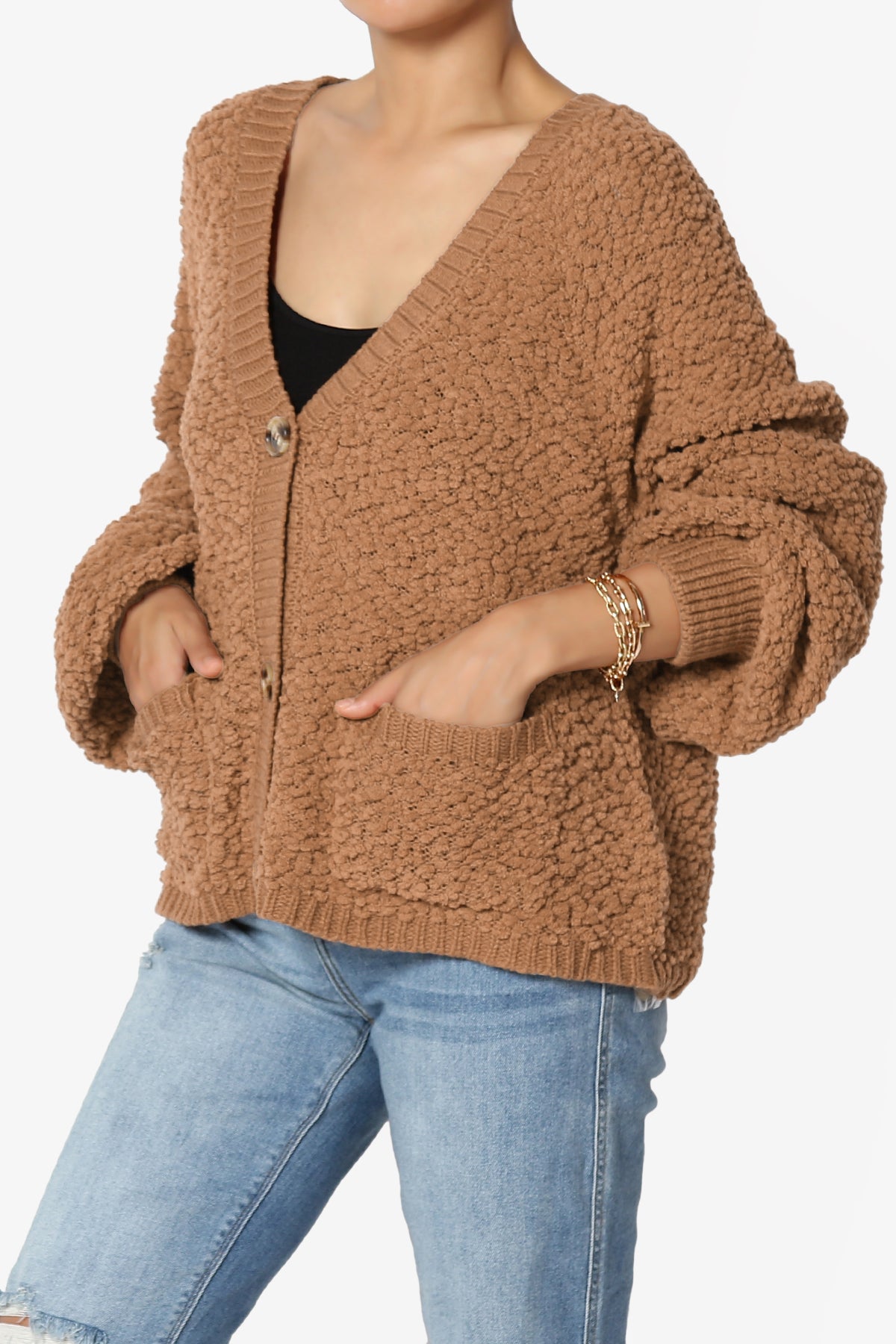 Barry Fuzzy Knit Button Boxy Crop Cardigan DEEP CAMEL_3