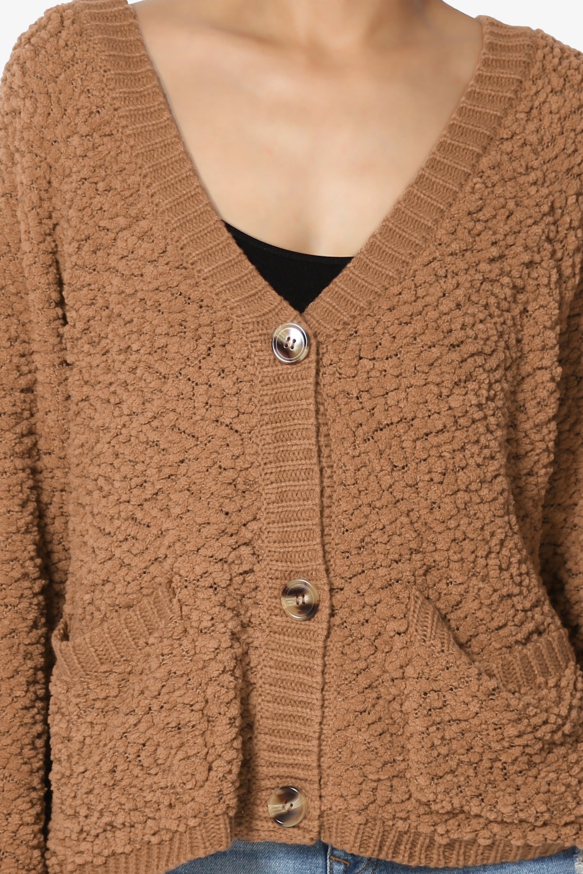 Barry Fuzzy Knit Button Boxy Crop Cardigan DEEP CAMEL_5