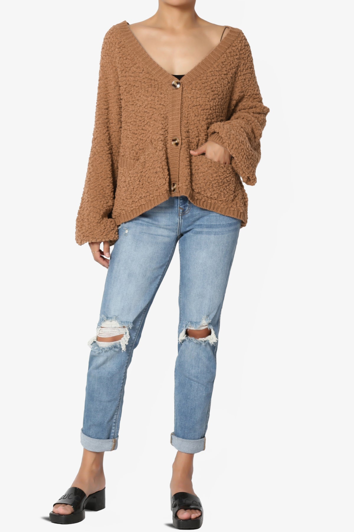 Barry Fuzzy Knit Button Boxy Crop Cardigan DEEP CAMEL_6