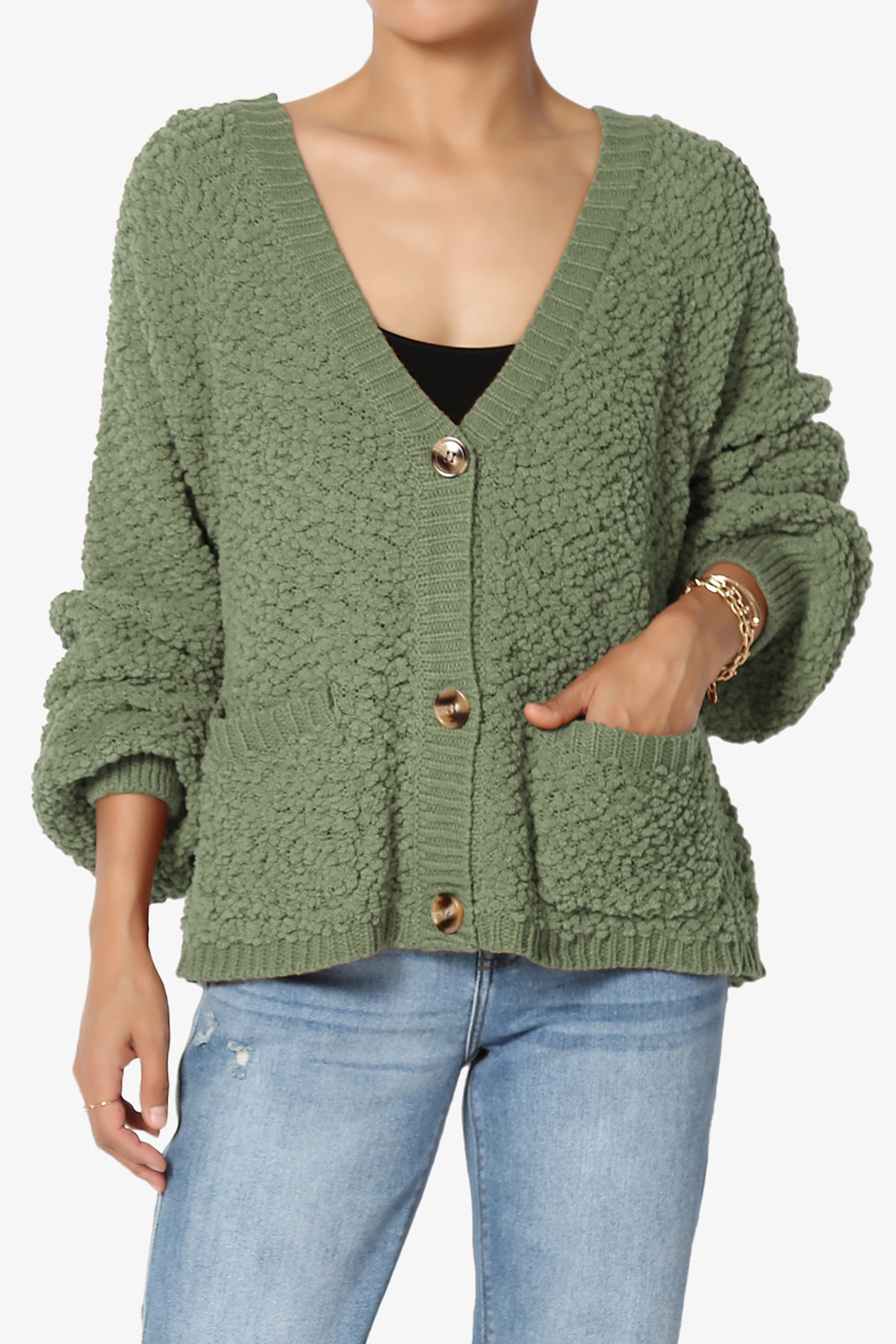 Barry Fuzzy Knit Button Boxy Crop Cardigan DUSTY OLIVE_1
