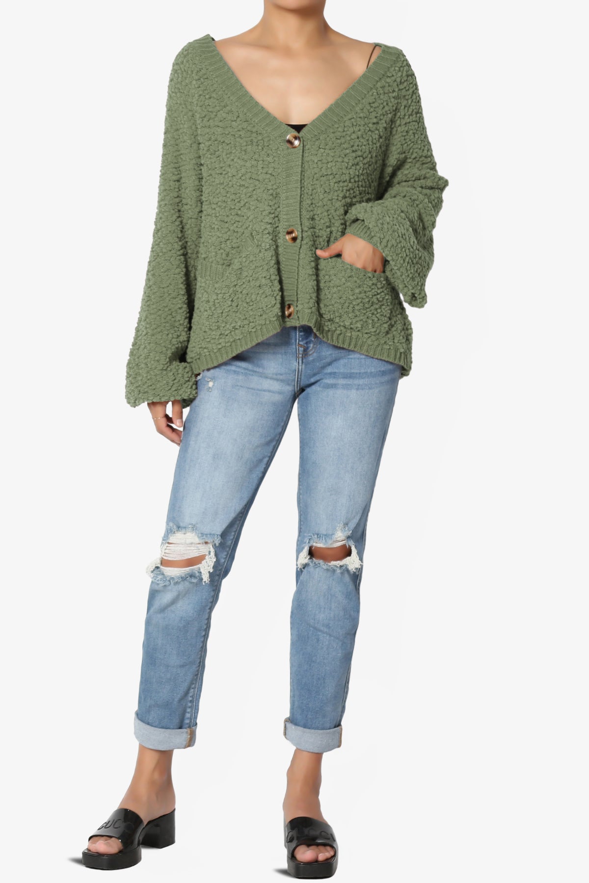 Barry Fuzzy Knit Button Boxy Crop Cardigan DUSTY OLIVE_6