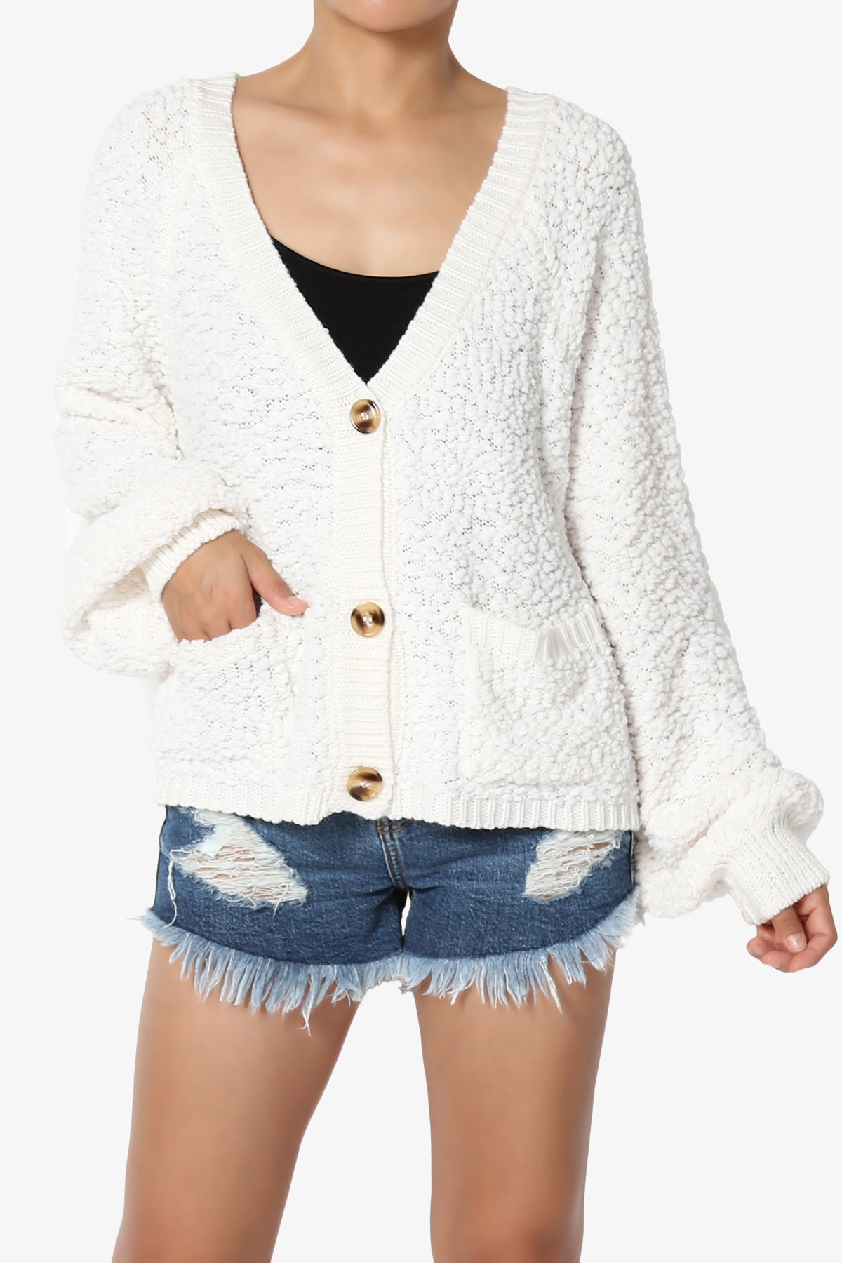 Barry Fuzzy Knit Button Boxy Crop Cardigan IVORY_1