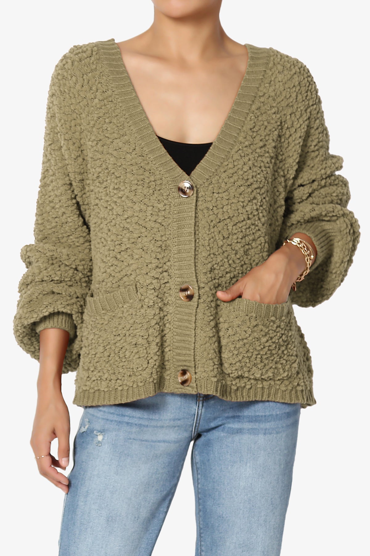 Barry Fuzzy Knit Button Boxy Crop Cardigan KHAKI GREEN_1