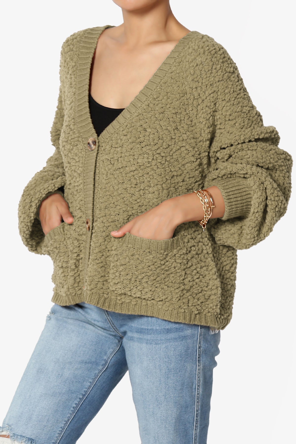 Barry Fuzzy Knit Button Boxy Crop Cardigan KHAKI GREEN_3