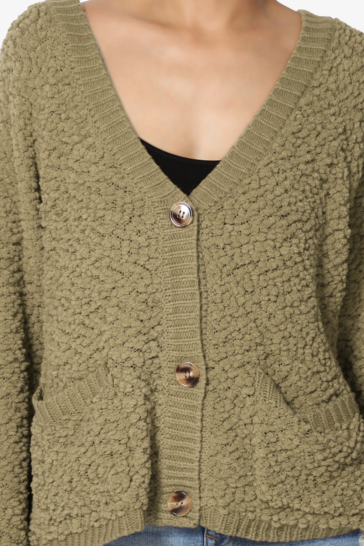 Barry Fuzzy Knit Button Boxy Crop Cardigan KHAKI GREEN_5