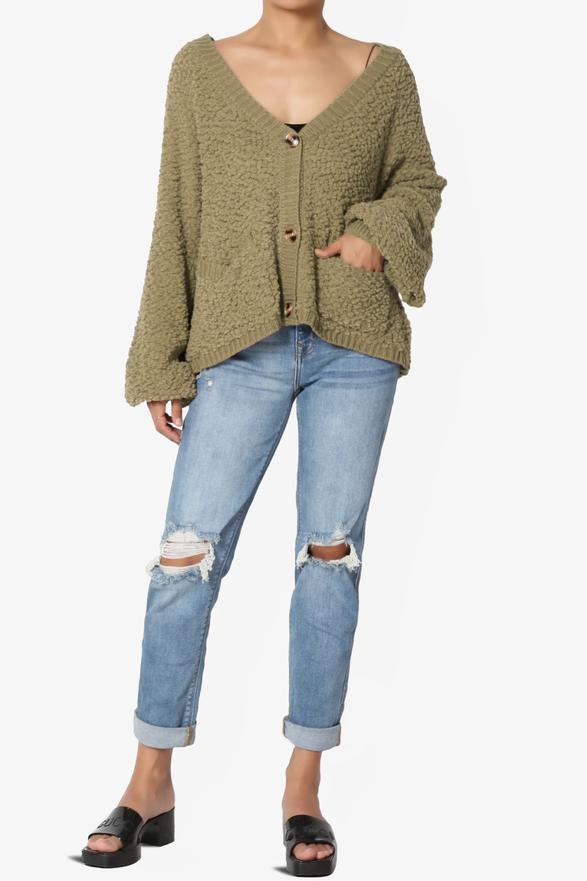 Barry Fuzzy Knit Button Boxy Crop Cardigan KHAKI GREEN_6
