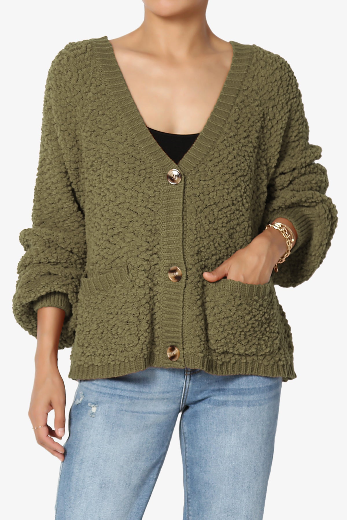 Barry Fuzzy Knit Button Boxy Crop Cardigan OLIVE KHAKI_1