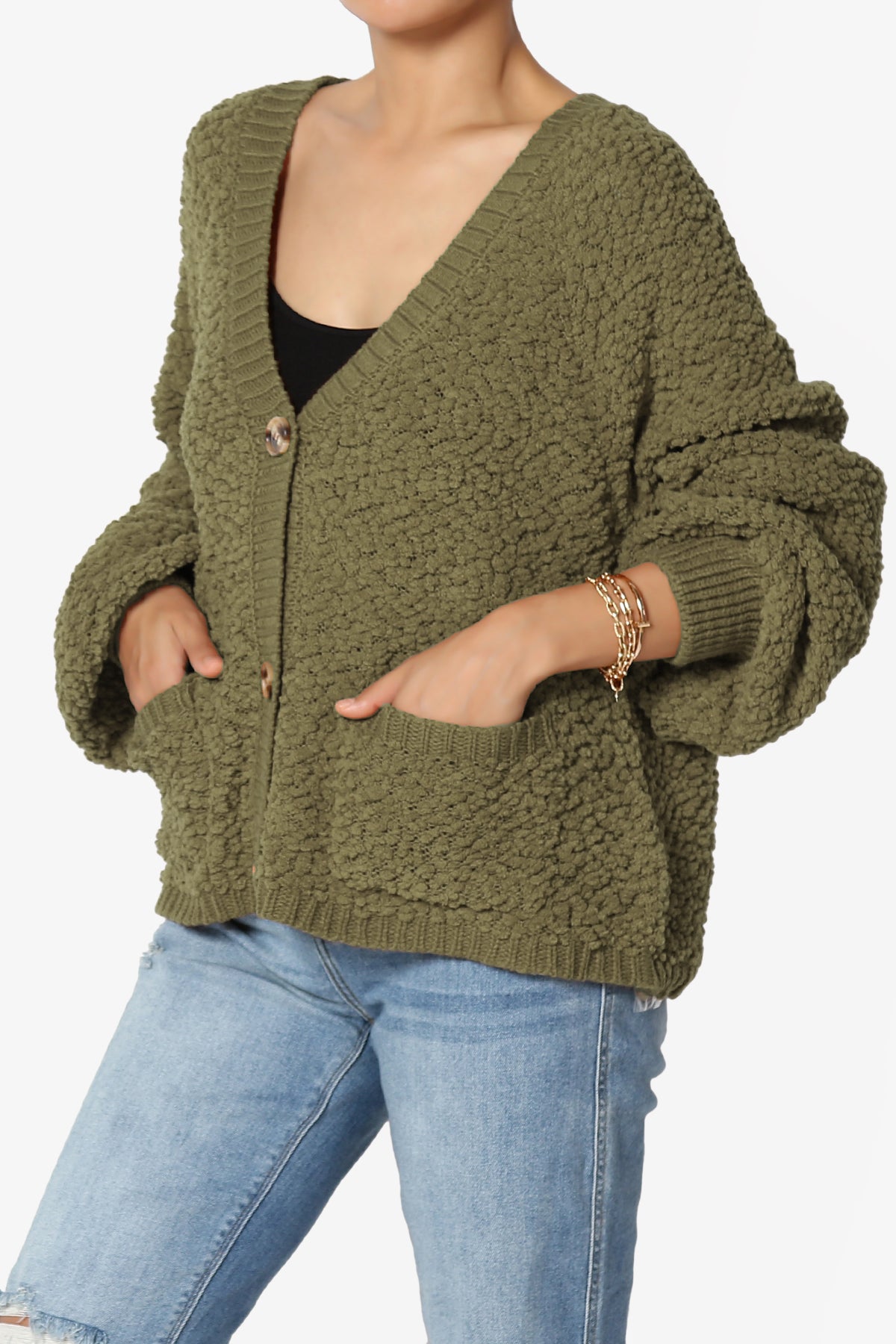 Barry Fuzzy Knit Button Boxy Crop Cardigan OLIVE KHAKI_3