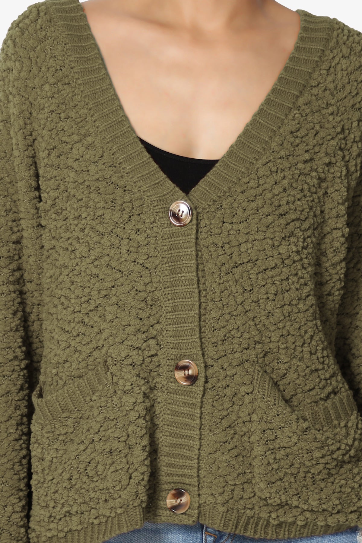 Barry Fuzzy Knit Button Boxy Crop Cardigan OLIVE KHAKI_5