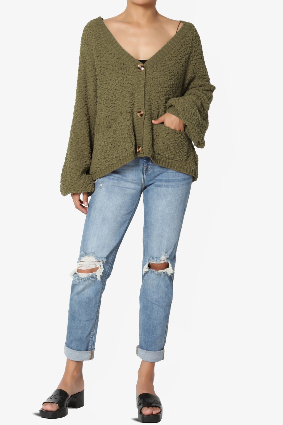 Barry Fuzzy Knit Button Boxy Crop Cardigan OLIVE KHAKI_6