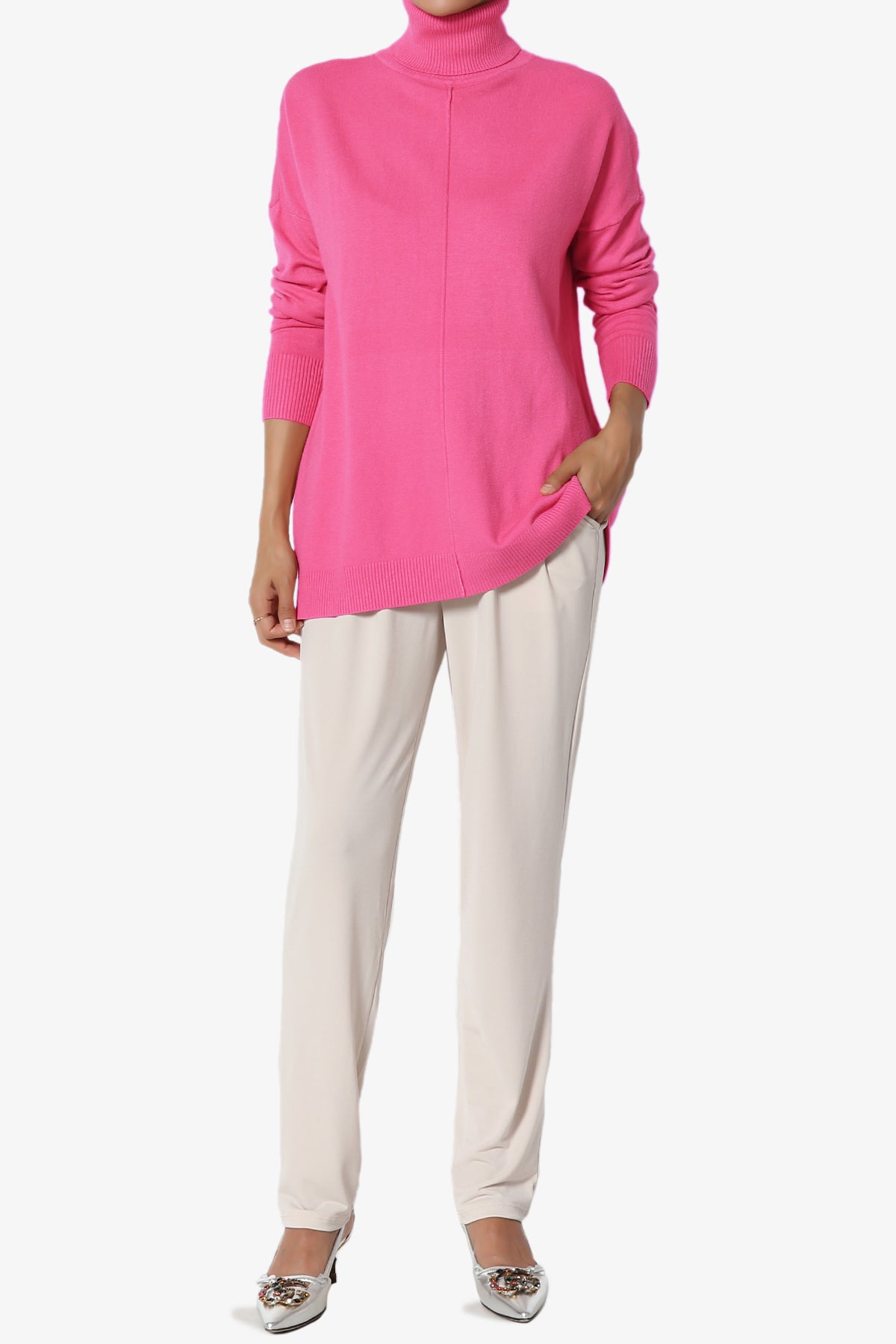 Henley Turtle Neck Knit Sweater HOT PINK_6