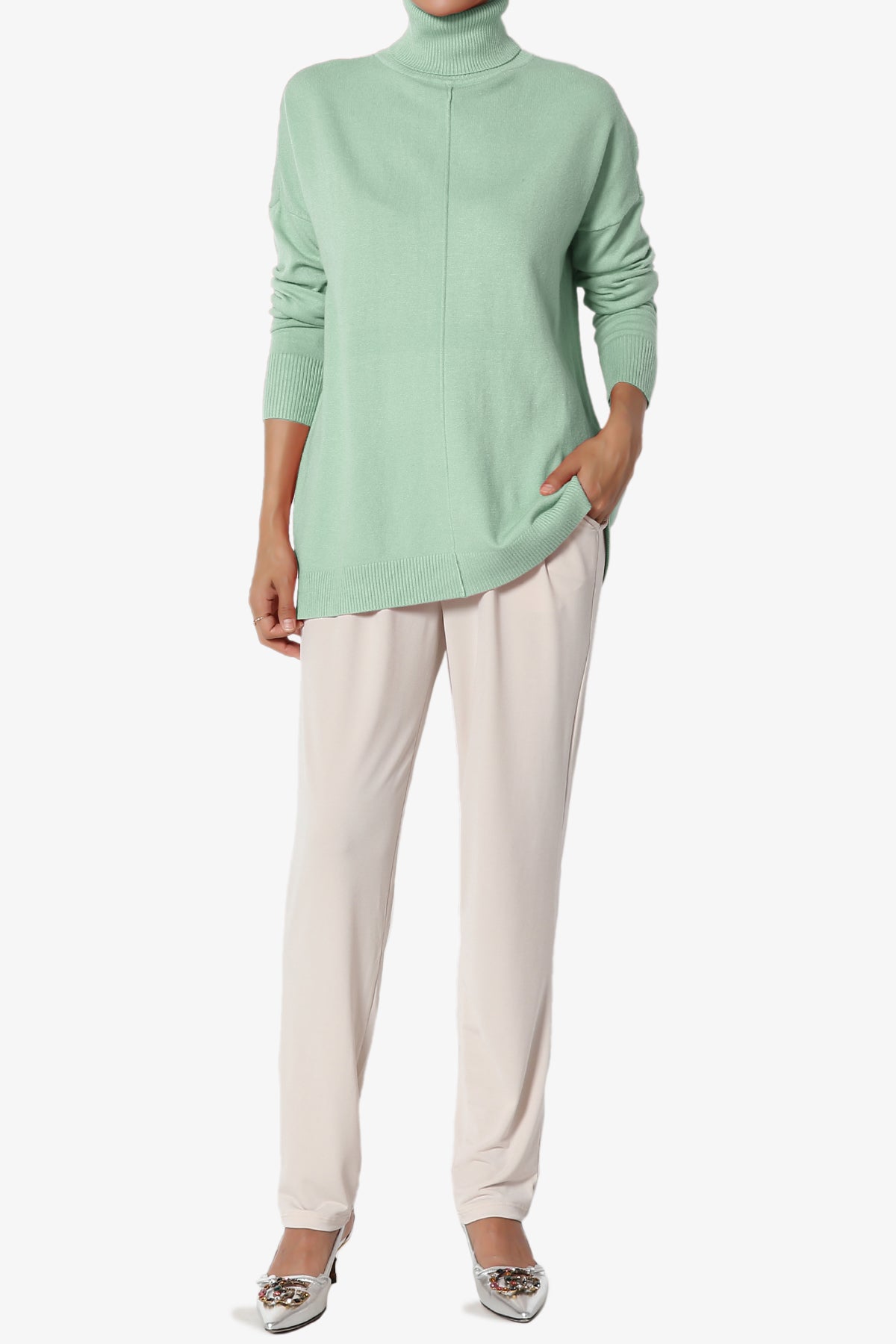 Henley Turtle Neck Knit Sweater LIGHT GREEN_6