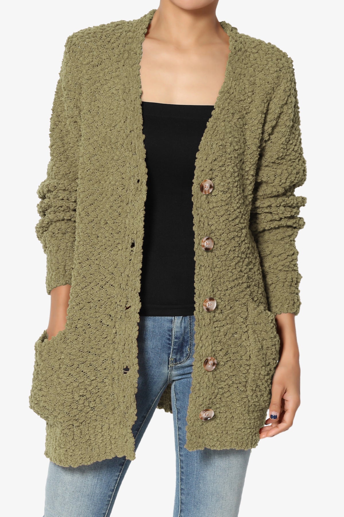 Barry Button Teddy Knit Sweater Cardigan KHAKI GREEN_1