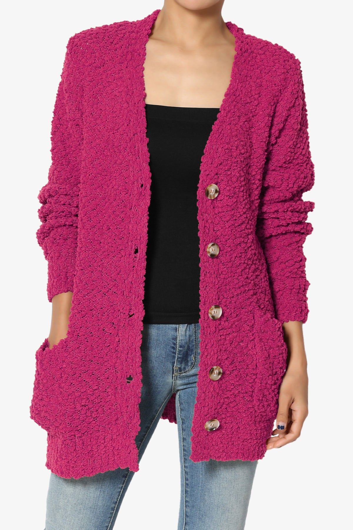 Barry Button Teddy Knit Sweater Cardigan MAGENTA_1
