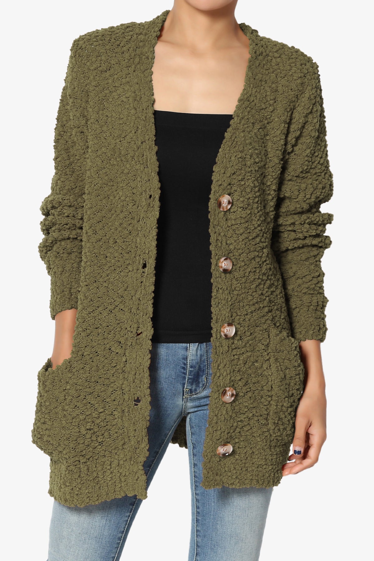 Barry Button Teddy Knit Sweater Cardigan OLIVE KHAKI_1