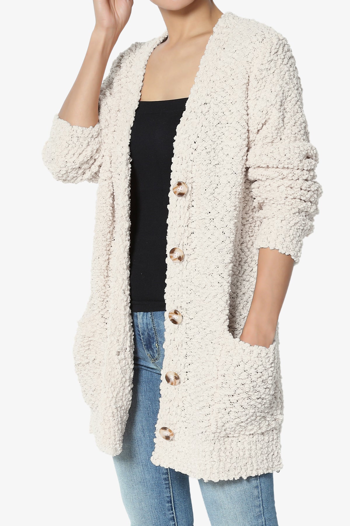 Barry Button Teddy Knit Sweater Cardigan SAND BEIGE_3