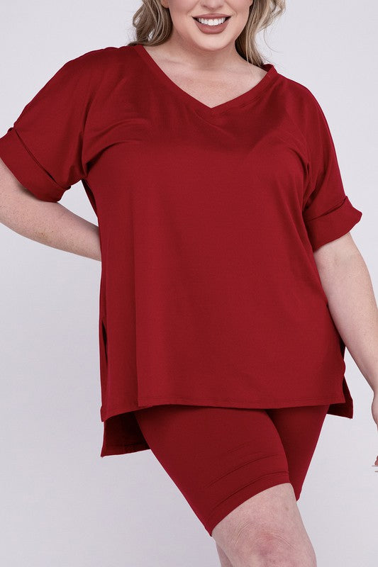 ZENANA Plus Brushed DTY Microfiber V-Neck Top & Biker