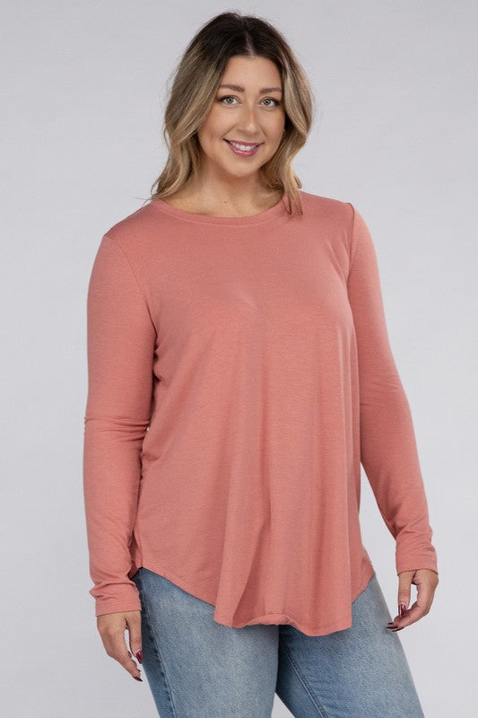 ZENANA Plus Long Sleeve Round Neck Round Hem Top