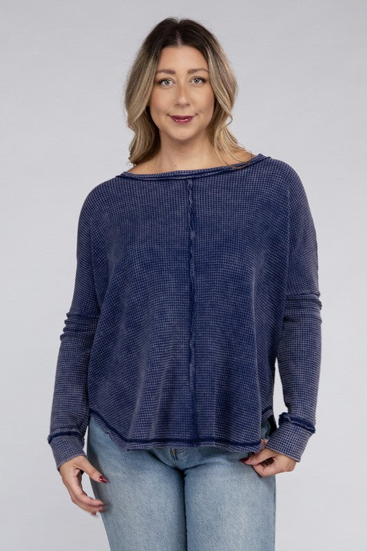 ZENANA Plus Washed Baby Waffle Oversized Long Sleeve Top