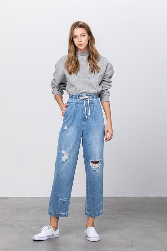 Denim Lab USA Super High Waist Drawstring Ripped Slouch Jeans
