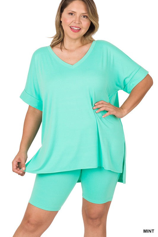 ZENANA Plus Brushed DTY Microfiber V-Neck Top & Biker