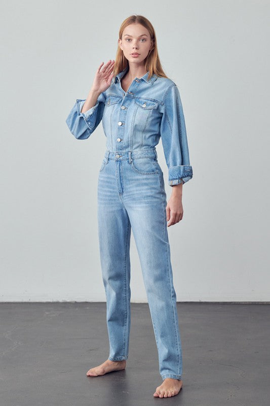 Denim Lab USA High Waist Flap Pocket Half Button Denim Jumpsuit