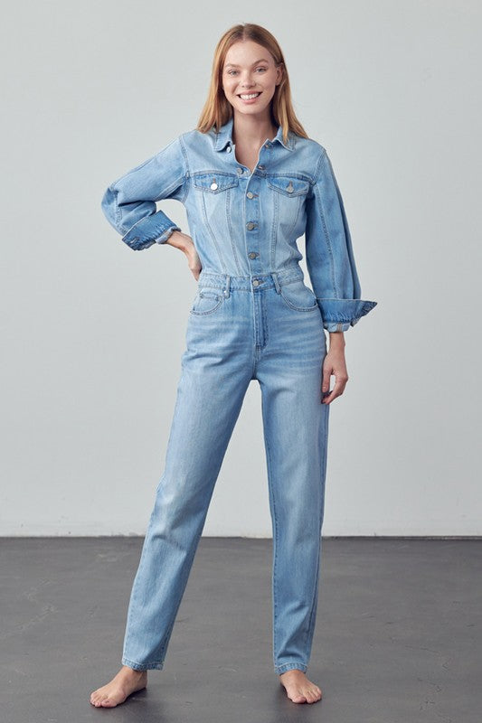 Denim Lab USA High Waist Flap Pocket Half Button Denim Jumpsuit