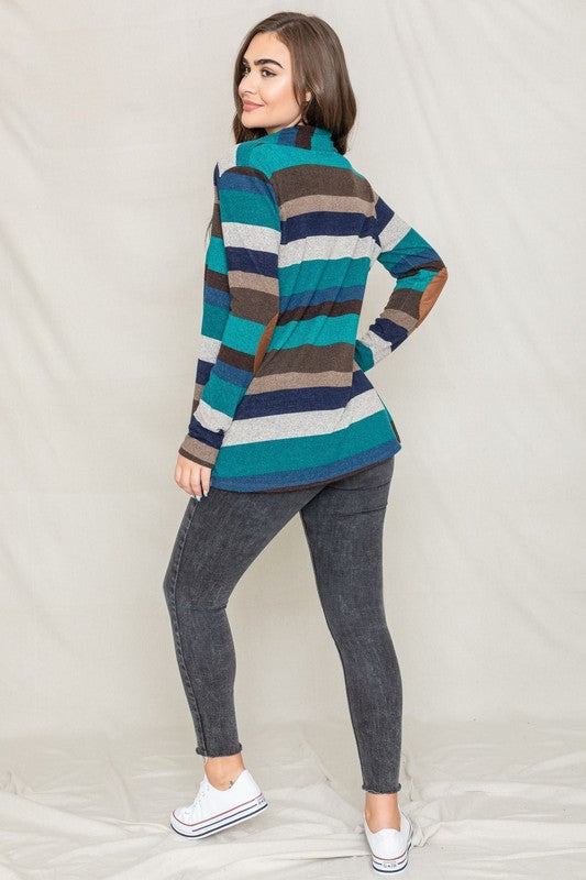 EG fashion Stripe Elbow Patch Cardigan