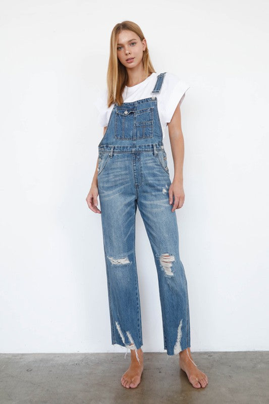 Capella High Waist Ripped Straight Denim Overall Jumpsuit