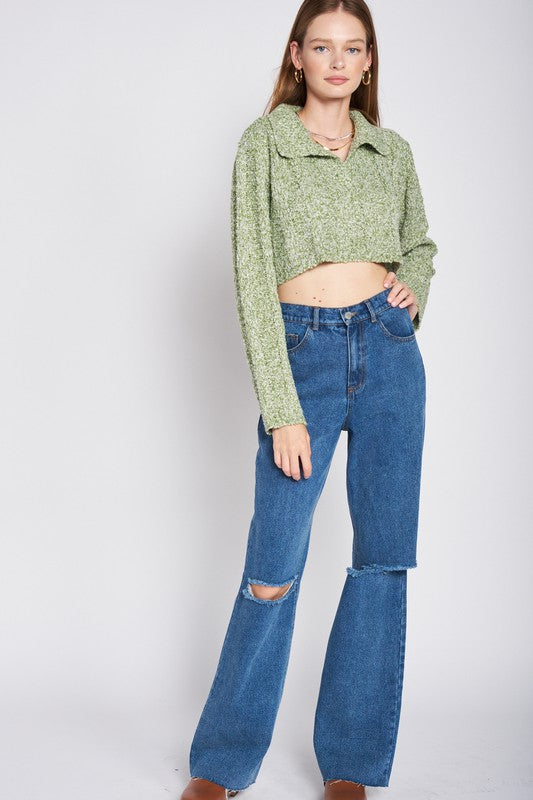 Emory Park LONG SLEEVE COLLARED CROP TOP