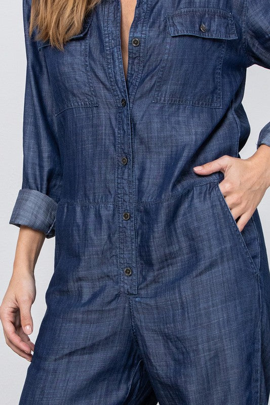Denim Lab USA Collared Button Front Tencel Jumpsuit
