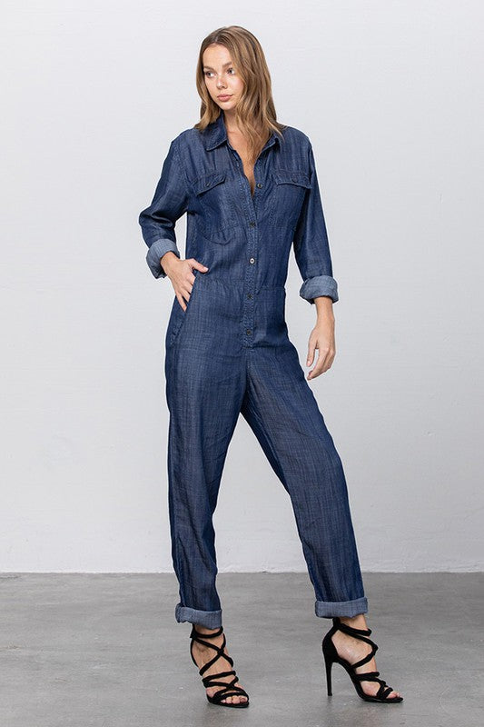 Denim Lab USA Collared Button Front Tencel Jumpsuit