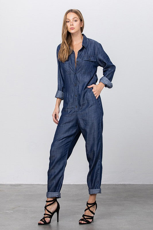 Denim Lab USA Collared Button Front Tencel Jumpsuit
